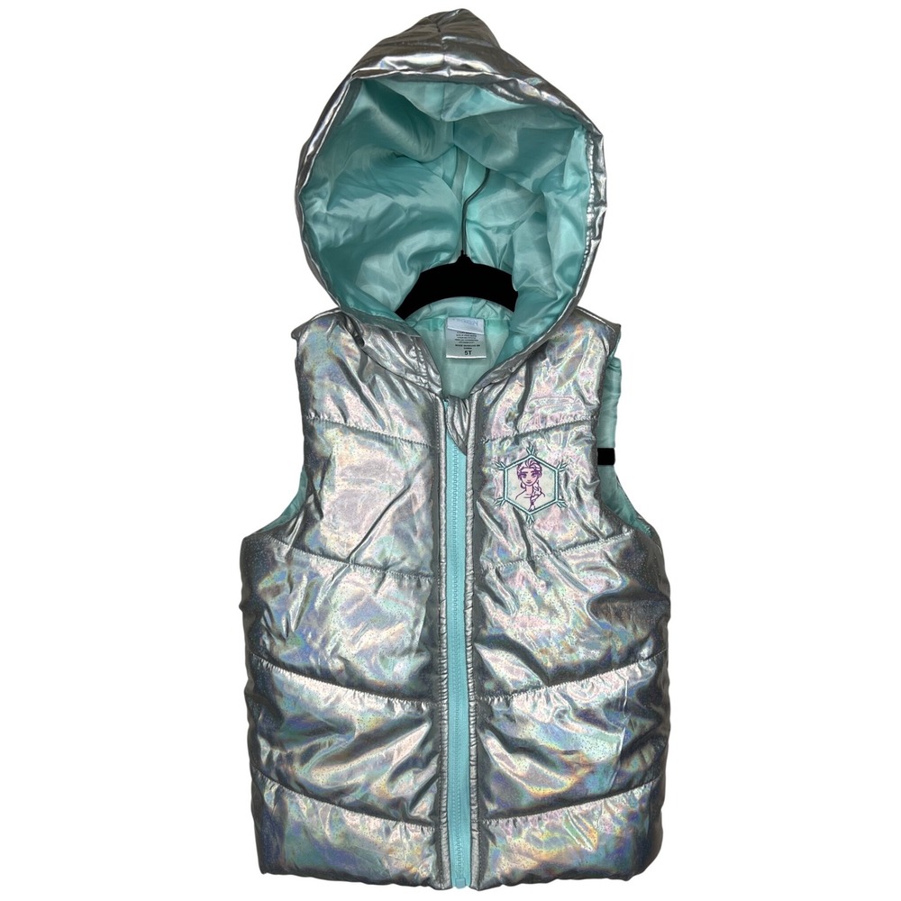 Disney Frozen Elsa Girls‎ 5T Holographic Silver Iridescent Hooded Puffer Vest